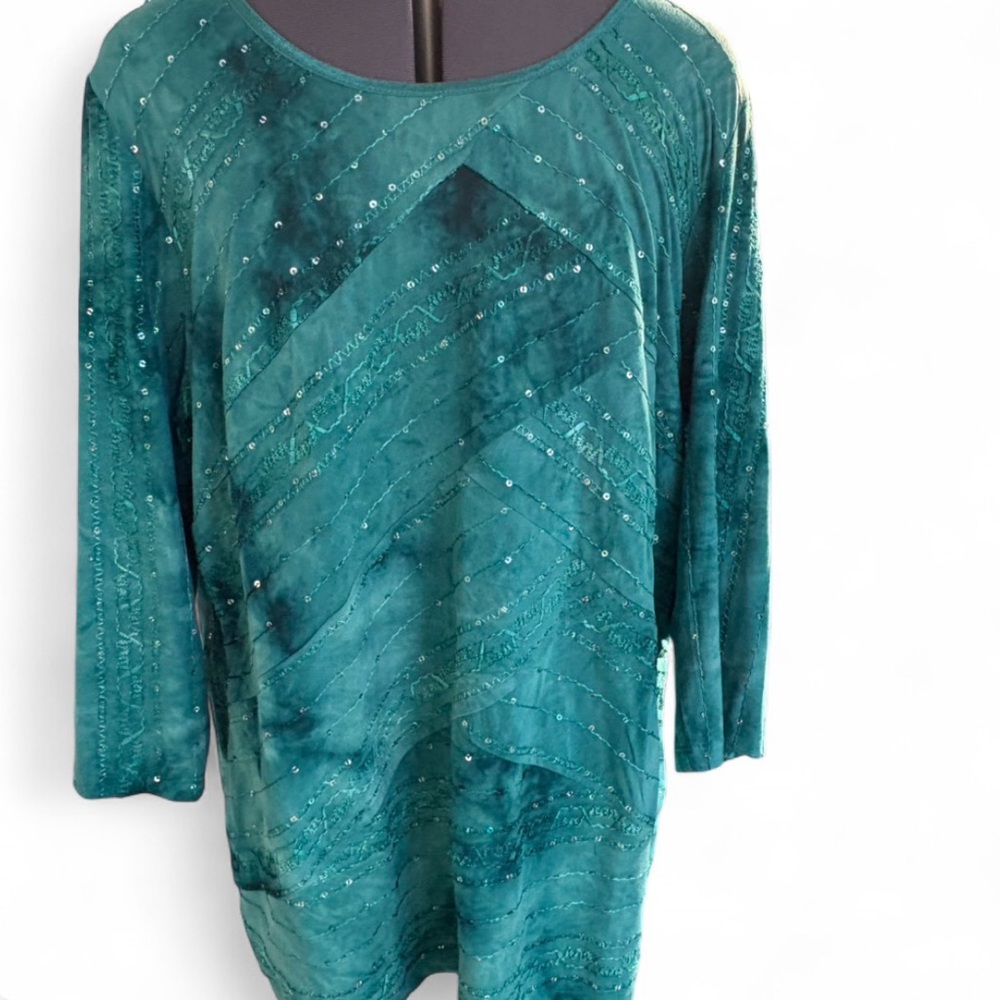 dressbarn Teal Sequin Long Sleeve Scoop Top